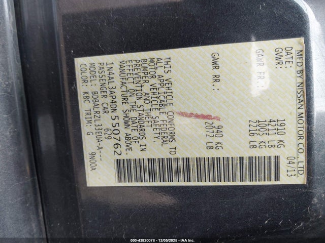 Aukcja sprzedaży 2013 Nissan Altima 2.5 S, vin: 1N4AL3AP4DN550762, numer aukcji: 43820078