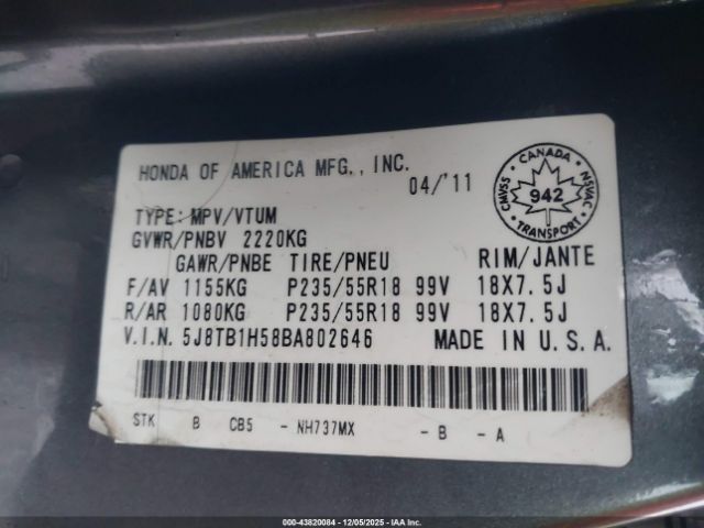 2011 ACURA RDX 5J8TB1H58BA802646 Photo 8