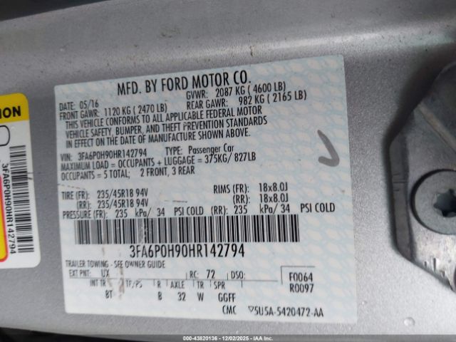 2017 FORD FUSION 3FA6P0H90HR142794 Photo 8