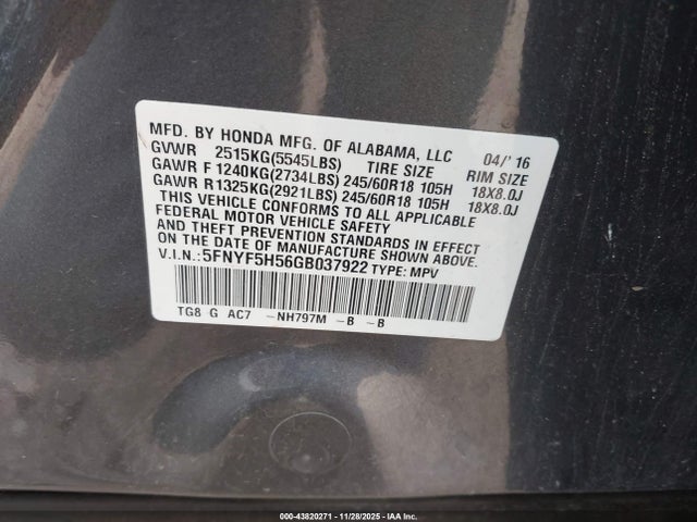2016 HONDA PILOT 5FNYF5H56GB037922 Photo 8