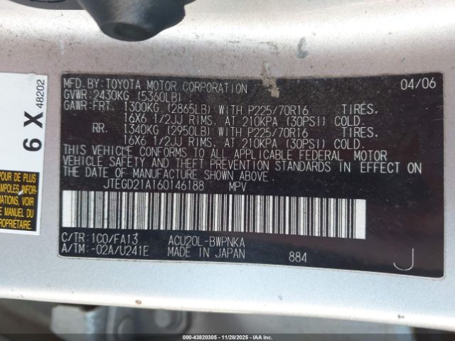 2006 TOYOTA HIGHLANDER JTEGD21A160146188 Photo 8