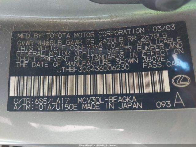 2003 LEXUS ES 300 JTHBF30G436006230 Photo 8