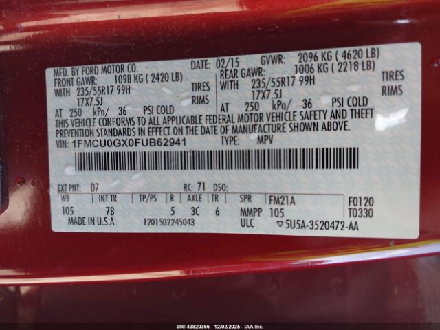 2015 FORD ESCAPE 1FMCU0GX0FUB62941 Photo 8