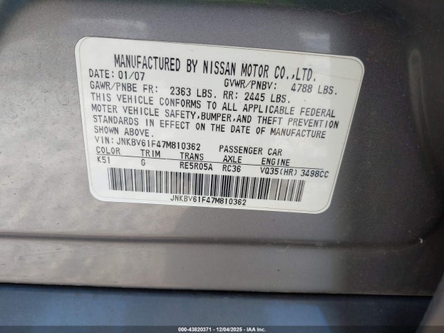 Продаж на аукціоні авто 2007 Infiniti G35x, vin: JNKBV61F47M810362, номер лоту: 43820371