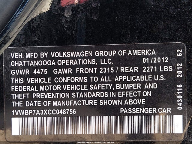 43820434 :رقم المزاد ، 1VWBP7A3XCC048756 vin ، 2012 Volkswagen Passat 2.5l Se مزاد بيع