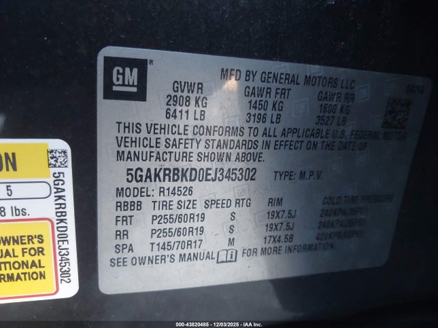 43820485 :رقم المزاد ، 5GAKRBKD0EJ345302 vin ، 2014 Buick Enclave Leather مزاد بيع
