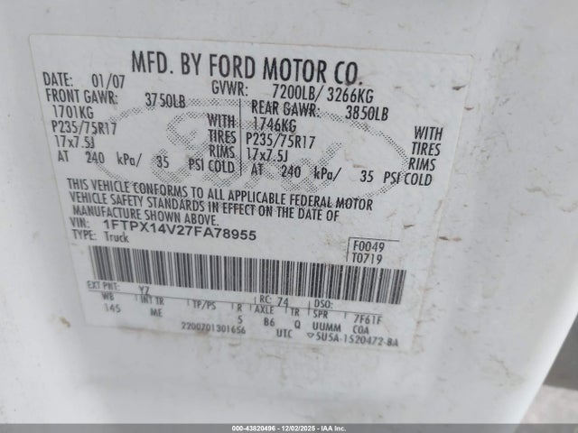 Aukcja sprzedaży 2007 Ford F-150 Fx4/lariat/xl/xlt, vin: 1FTPX14V27FA78955, numer aukcji: 43820496