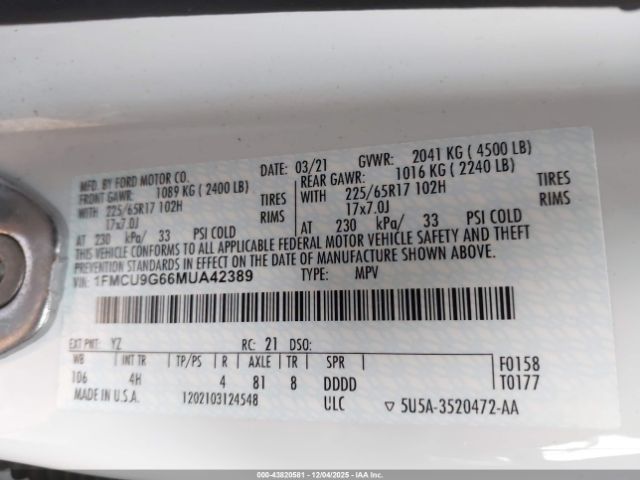 2021 FORD ESCAPE 1FMCU9G66MUA42389 Photo 8