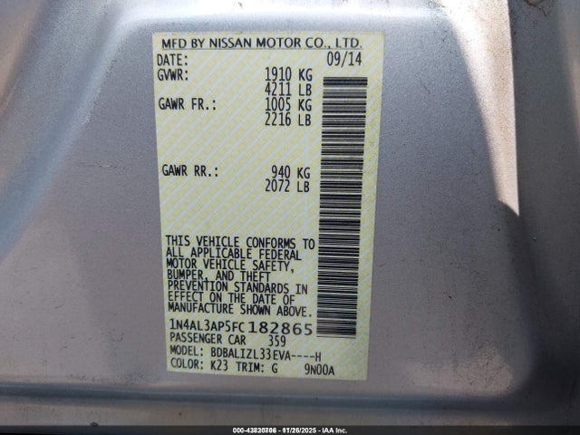 Nissan Altima 2.5 Sv 2015 1N4AL3AP5FC182865 Image 9