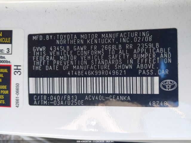 2009 TOYOTA CAMRY 4T4BE46K99R049621 Photo 8