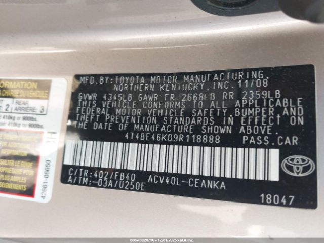 2009 TOYOTA CAMRY 4T4BE46K09R118888 Photo 8