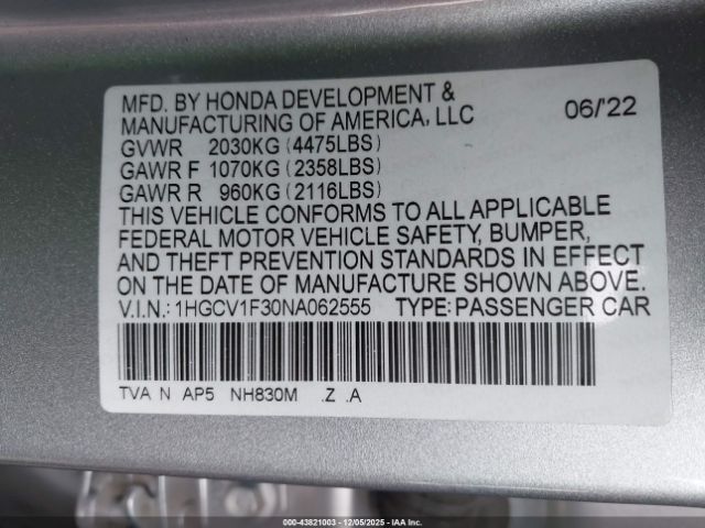 2022 HONDA ACCORD 1HGCV1F30NA062555 Photo 8