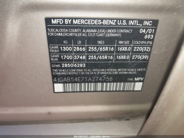 2001 MERCEDES-BENZ ML 320 4JGAB54E71A274756 Photo 8