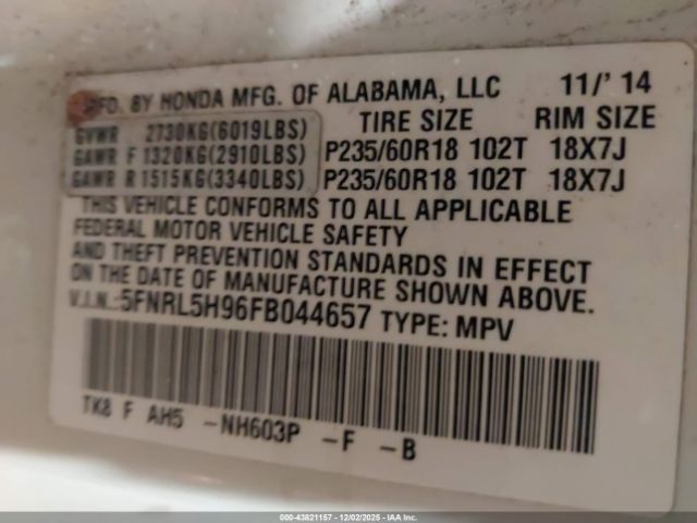 2015 HONDA ODYSSEY 5FNRL5H96FB044657 Photo 8