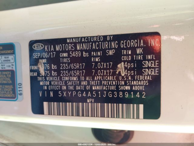 2018 KIA SORENTO 5XYPG4A51JG389142 Photo 8