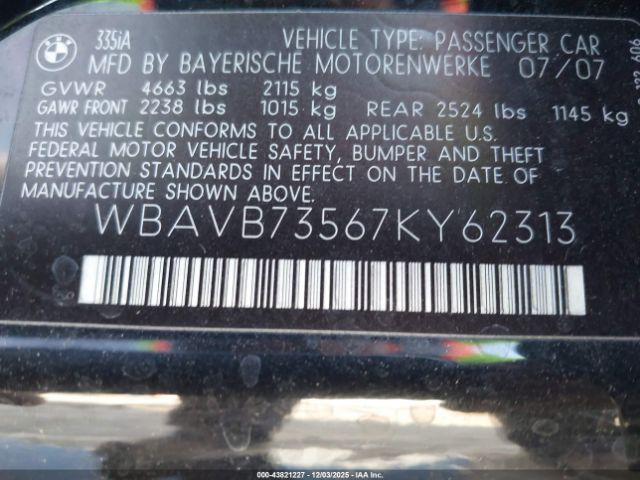 2007 BMW 335I WBAVB73567KY62313 Photo 8