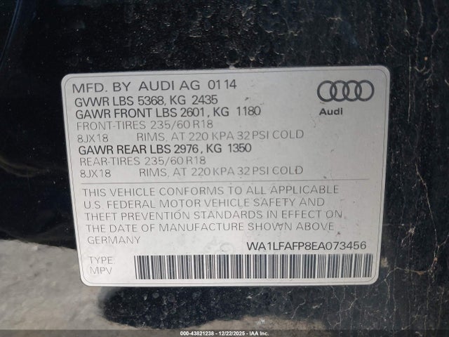 Aukcja sprzedaży 2014 Audi Q5 2.0t Premium, vin: WA1LFAFP8EA073456, numer aukcji: 43821238