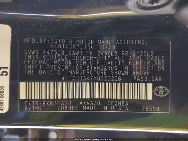 4T1C11AK7MU520206 Toyota a25a-fks