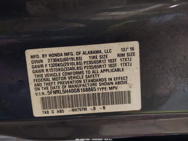 5FNRL5H40GB168865 Honda ODYSSEY EX
