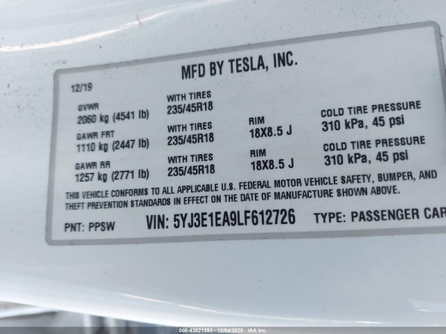 2020 TESLA MODEL 3 5YJ3E1EA9LF612726 Photo 8