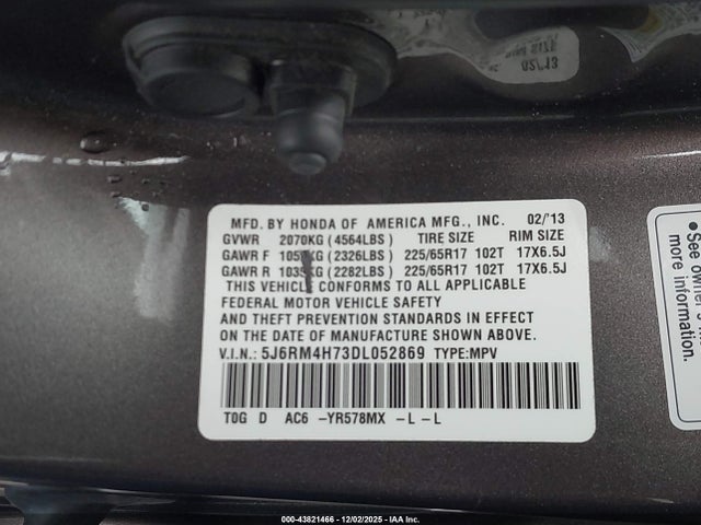 2013 Honda Cr-v Ex-l მანქანა იყიდება აუქციონზე, vin: 5J6RM4H73DL052869, აუქციონის ნომერი: 43821466