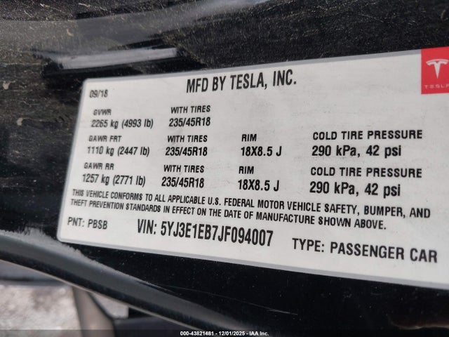 Продажа на аукционе авто 2018 Tesla Model 3 Long Range/performance, vin: 5YJ3E1EB7JF094007, номер лота: 43821481