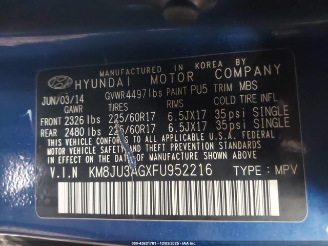 43821701 :رقم المزاد ، KM8JU3AGXFU952216 vin ، 2015 Hyundai Tucson Se مزاد بيع