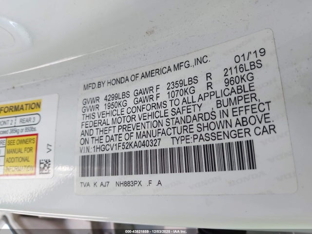 1HGCV1F52KA040327 Honda Accord Ex-l