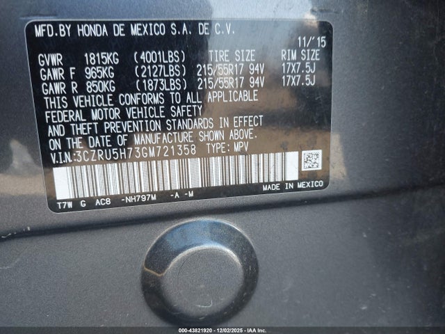 3CZRU5H73GM721358 Honda Hr-v Ex-l