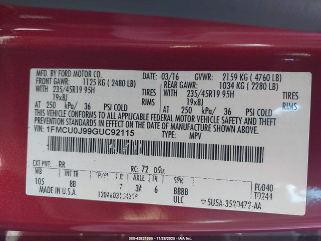 Ford Escape 2016 1FMCU0J99GUC92115 Image 9