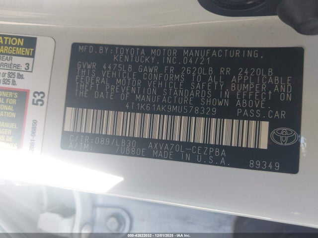 Auction sale of the 2021 Toyota Camry Xse, vin: 4T1K61AK9MU578329, lot number: 43822032