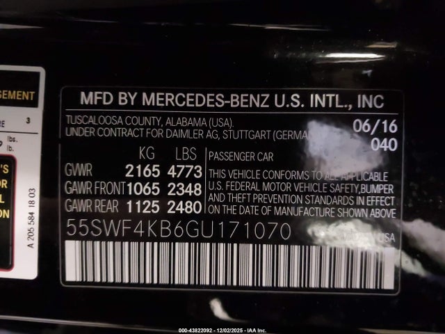 Продажа на аукционе авто 2016 Mercedes-benz C 300 4matic, vin: 55SWF4KB6GU171070, номер лота: 43822092