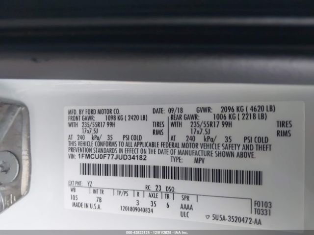 2018 FORD ESCAPE 1FMCU0F77JUD34182 Photo 8