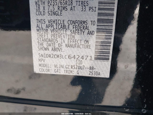 5N1DR2CM3LC642471 Nissan Pathfinder Sl 4wd