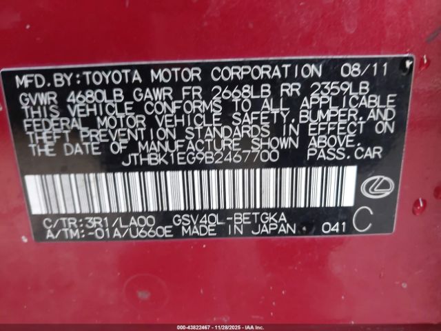 2011 LEXUS ES 350 JTHBK1EG9B2467700 Photo 8