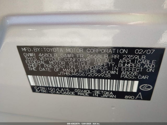 Продаж на аукціоні авто 2007 Lexus Es 350, vin: JTHBJ46G672099938, номер лоту: 43822579