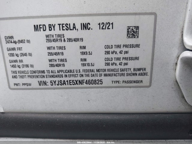 2022 TESLA MODEL S 5YJSA1E5XNF460825 Photo 8
