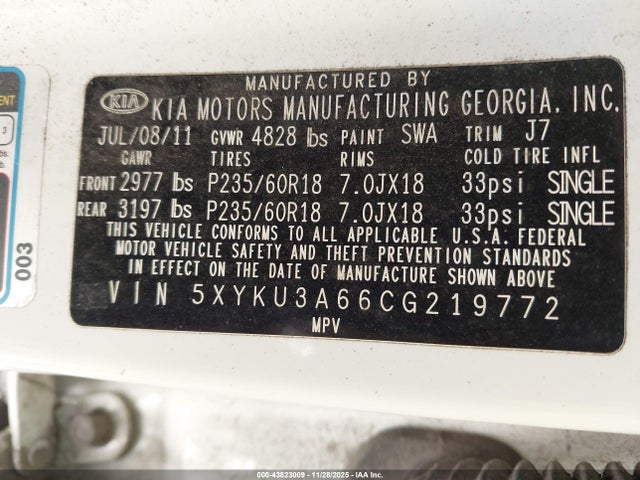 Продаж на аукціоні авто 2012 Kia Sorento Ex, vin: 5XYKU3A66CG219772, номер лоту: 43823009