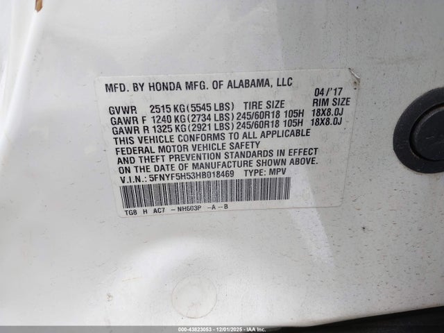 Honda j35y6 2017 5FNYF5H53HB018469 Image 9