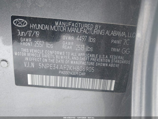 5NPE34AF2KH806905 Hyundai SONATA SEL