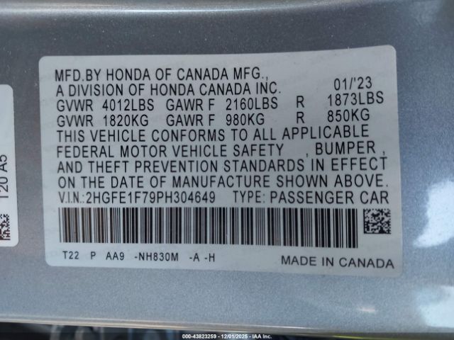 2023 HONDA CIVIC 2HGFE1F79PH304649 Photo 8