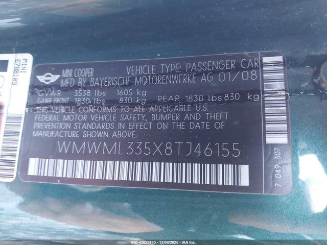 2008 MINI COOPER CLUBMAN WMWML335X8TJ46155 Photo 8