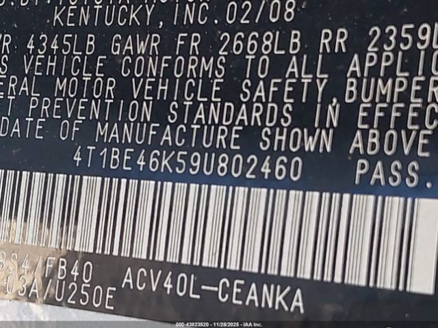 2009 TOYOTA CAMRY 4T1BE46K59U802460 Photo 8