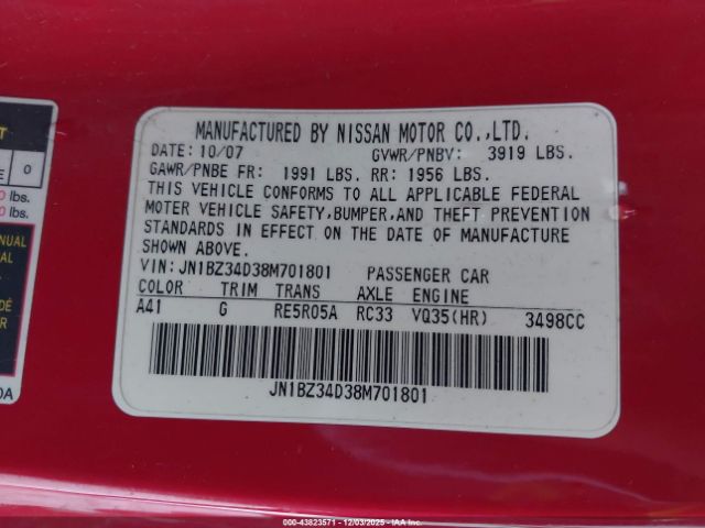 2008 NISSAN 350Z JN1BZ34D38M701801 Photo 8
