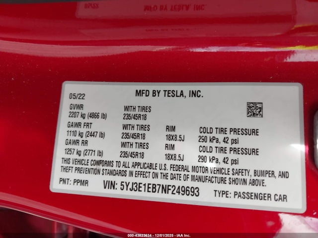 2022 TESLA MODEL 3 5YJ3E1EB7NF249693 Photo 8