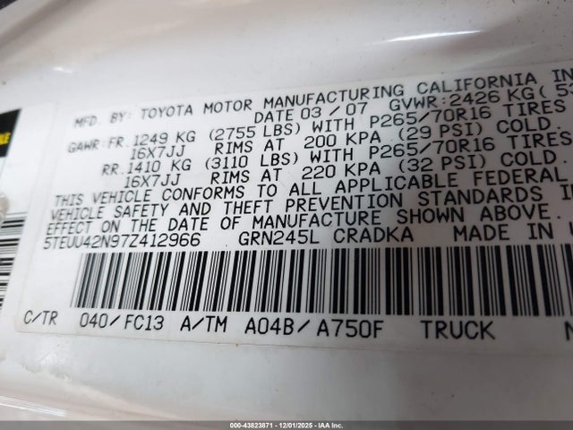 Aukcja sprzedaży 2007 Toyota Tacoma Base V6, vin: 5TEUU42N97Z412966, numer aukcji: 43823871