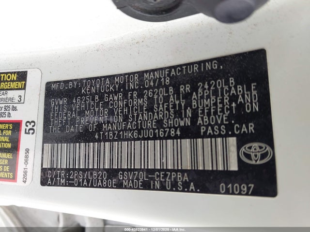 4T1BZ1HK6JU016784 Toyota Camry Xse V6