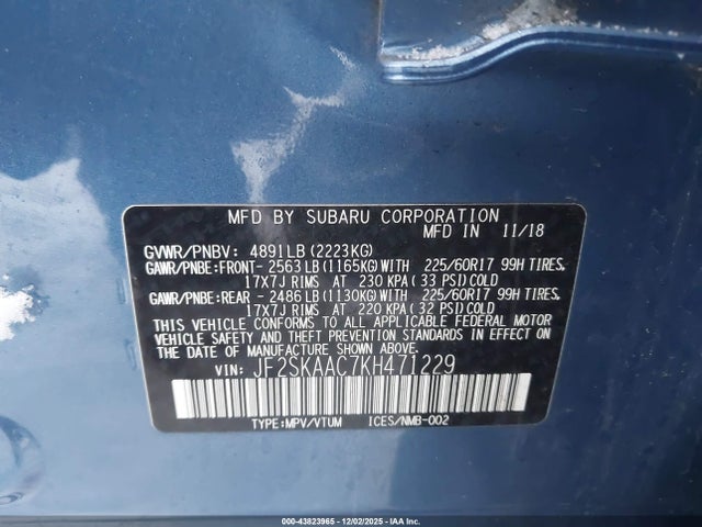 Продажа на аукционе авто 2019 Subaru Forester, vin: JF2SKAAC7KH471229, номер лота: 43823965