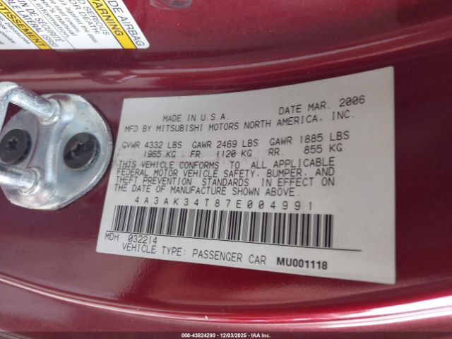 2007 MITSUBISHI ECLIPSE 4A3AK34T87E004991 Photo 8