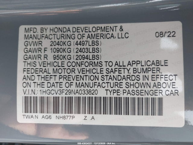 1HGCV3F29NA033820 Honda Accord Hybrid Sport
